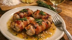 Involtini di lonza in padella: pancetta, rosmarino e sfumatura al vino bianco